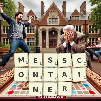 Kreative Illustration für ein Scrabble-Spiel, bei dem das Wort MESSCONTAINER mit Steinen auf dem Brett gelegt wurde.