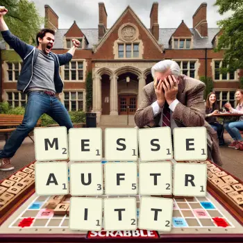 Kreative Illustration für ein Scrabble-Spiel, bei dem das Wort MESSEAUFTRITT mit Steinen auf dem Brett gelegt wurde.