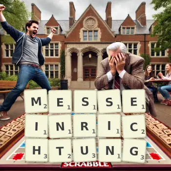 Kreative Illustration für ein Scrabble-Spiel, bei dem das Wort MESSEINRICHTUNG mit Steinen auf dem Brett gelegt wurde.