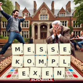 Kreative Illustration für ein Scrabble-Spiel, bei dem das Wort MESSEKOMPLEXEN mit Steinen auf dem Brett gelegt wurde.
