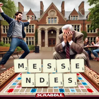 Kreative Illustration für ein Scrabble-Spiel, bei dem das Wort MESSENDES mit Steinen auf dem Brett gelegt wurde.