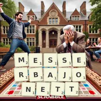 Kreative Illustration für ein Scrabble-Spiel, bei dem das Wort MESSERBAJONETT mit Steinen auf dem Brett gelegt wurde.