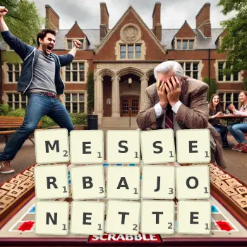 Kreative Illustration für ein Scrabble-Spiel, bei dem das Wort MESSERBAJONETTE mit Steinen auf dem Brett gelegt wurde.