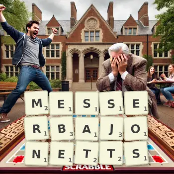 Kreative Illustration für ein Scrabble-Spiel, bei dem das Wort MESSERBAJONETTS mit Steinen auf dem Brett gelegt wurde.