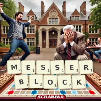 Kreative Illustration für ein Scrabble-Spiel, bei dem das Wort MESSERBLOCK mit Steinen auf dem Brett gelegt wurde.