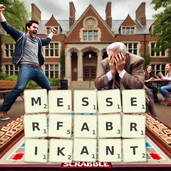 Kreative Illustration für ein Scrabble-Spiel, bei dem das Wort MESSERFABRIKANT mit Steinen auf dem Brett gelegt wurde.