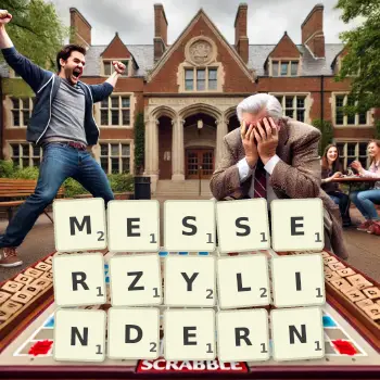 Kreative Illustration für ein Scrabble-Spiel, bei dem das Wort MESSERZYLINDERN mit Steinen auf dem Brett gelegt wurde.