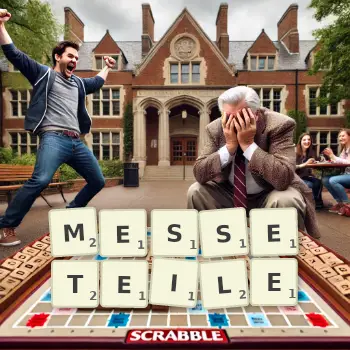 Kreative Illustration für ein Scrabble-Spiel, bei dem das Wort MESSETEILE mit Steinen auf dem Brett gelegt wurde.