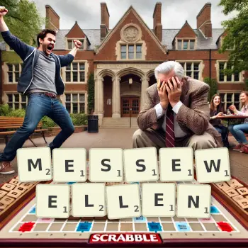 Kreative Illustration für ein Scrabble-Spiel, bei dem das Wort MESSEWELLEN mit Steinen auf dem Brett gelegt wurde.