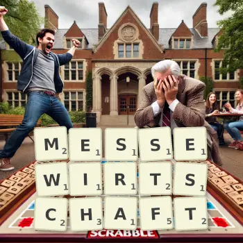 Kreative Illustration für ein Scrabble-Spiel, bei dem das Wort MESSEWIRTSCHAFT mit Steinen auf dem Brett gelegt wurde.
