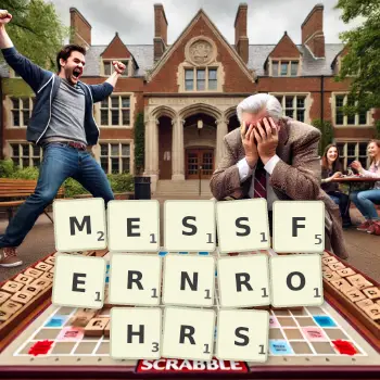 Kreative Illustration für ein Scrabble-Spiel, bei dem das Wort MESSFERNROHRS mit Steinen auf dem Brett gelegt wurde.