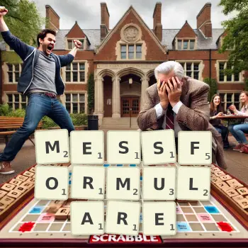 Kreative Illustration für ein Scrabble-Spiel, bei dem das Wort MESSFORMULARE mit Steinen auf dem Brett gelegt wurde.