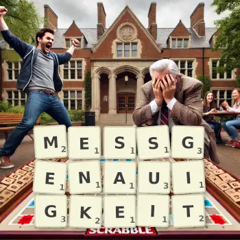 Kreative Illustration für ein Scrabble-Spiel, bei dem das Wort MESSGENAUIGKEIT mit Steinen auf dem Brett gelegt wurde.