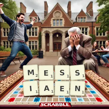 Kreative Illustration für ein Scrabble-Spiel, bei dem das Wort MESSIAEN mit Steinen auf dem Brett gelegt wurde.