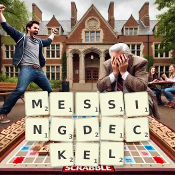 Kreative Illustration für ein Scrabble-Spiel, bei dem das Wort MESSINGDECKEL mit Steinen auf dem Brett gelegt wurde.