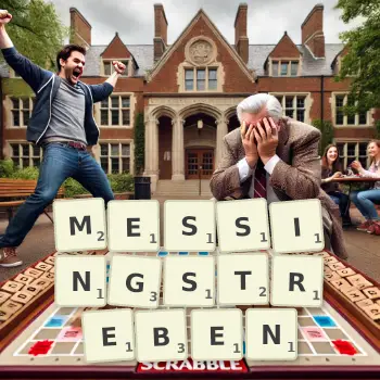 Kreative Illustration für ein Scrabble-Spiel, bei dem das Wort MESSINGSTREBEN mit Steinen auf dem Brett gelegt wurde.