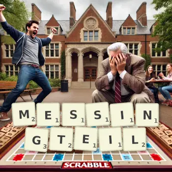 Kreative Illustration für ein Scrabble-Spiel, bei dem das Wort MESSINGTEIL mit Steinen auf dem Brett gelegt wurde.