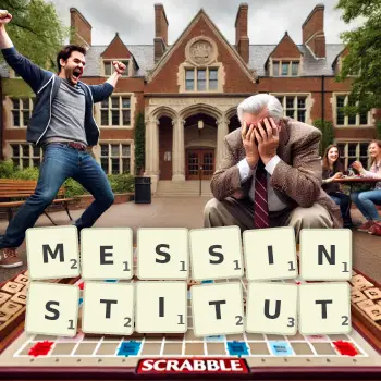 Kreative Illustration für ein Scrabble-Spiel, bei dem das Wort MESSINSTITUT mit Steinen auf dem Brett gelegt wurde.