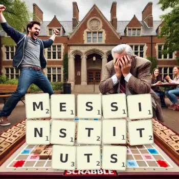 Kreative Illustration für ein Scrabble-Spiel, bei dem das Wort MESSINSTITUTS mit Steinen auf dem Brett gelegt wurde.
