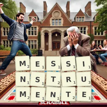 Kreative Illustration für ein Scrabble-Spiel, bei dem das Wort MESSINSTRUMENTE mit Steinen auf dem Brett gelegt wurde.