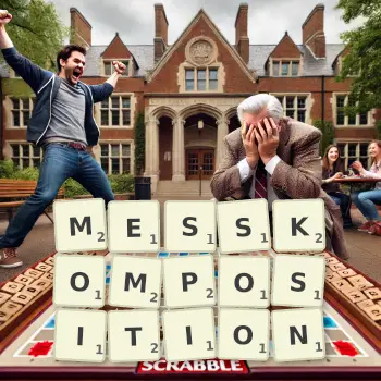 Kreative Illustration für ein Scrabble-Spiel, bei dem das Wort MESSKOMPOSITION mit Steinen auf dem Brett gelegt wurde.