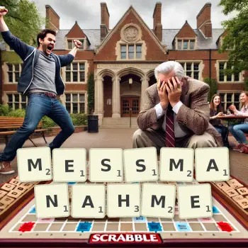 Kreative Illustration für ein Scrabble-Spiel, bei dem das Wort MESSMANAHME mit Steinen auf dem Brett gelegt wurde.
