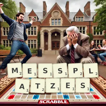 Kreative Illustration für ein Scrabble-Spiel, bei dem das Wort MESSPLATZES mit Steinen auf dem Brett gelegt wurde.