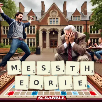 Kreative Illustration für ein Scrabble-Spiel, bei dem das Wort MESSTHEORIE mit Steinen auf dem Brett gelegt wurde.