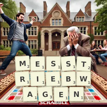 Kreative Illustration für ein Scrabble-Spiel, bei dem das Wort MESSTRIEBWAGEN mit Steinen auf dem Brett gelegt wurde.