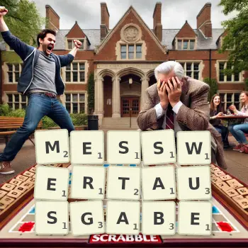 Kreative Illustration für ein Scrabble-Spiel, bei dem das Wort MESSWERTAUSGABE mit Steinen auf dem Brett gelegt wurde.