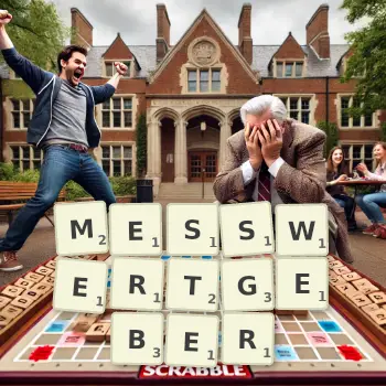 Kreative Illustration für ein Scrabble-Spiel, bei dem das Wort MESSWERTGEBER mit Steinen auf dem Brett gelegt wurde.