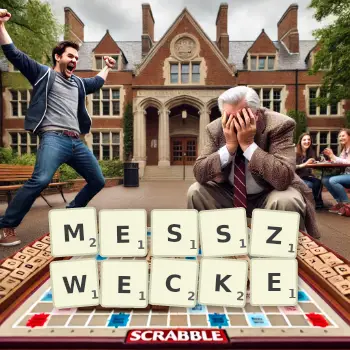 Kreative Illustration für ein Scrabble-Spiel, bei dem das Wort MESSZWECKE mit Steinen auf dem Brett gelegt wurde.