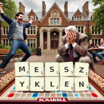 Kreative Illustration für ein Scrabble-Spiel, bei dem das Wort MESSZYKLEN mit Steinen auf dem Brett gelegt wurde.