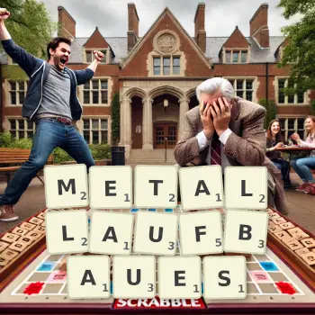 Kreative Illustration für ein Scrabble-Spiel, bei dem das Wort METALLAUFBAUES mit Steinen auf dem Brett gelegt wurde.