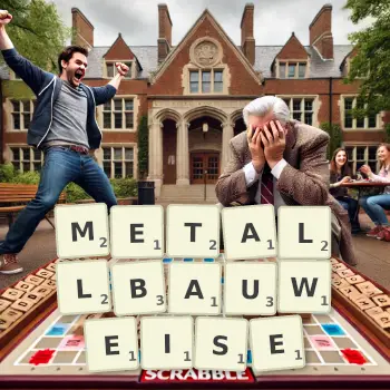 Kreative Illustration für ein Scrabble-Spiel, bei dem das Wort METALLBAUWEISE mit Steinen auf dem Brett gelegt wurde.