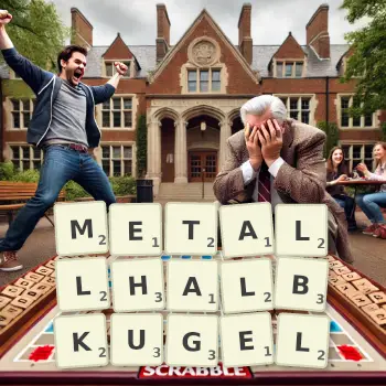 Kreative Illustration für ein Scrabble-Spiel, bei dem das Wort METALLHALBKUGEL mit Steinen auf dem Brett gelegt wurde.