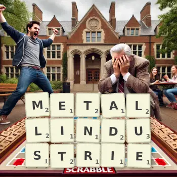 Kreative Illustration für ein Scrabble-Spiel, bei dem das Wort METALLINDUSTRIE mit Steinen auf dem Brett gelegt wurde.