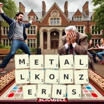 Kreative Illustration für ein Scrabble-Spiel, bei dem das Wort METALLKONZERNS mit Steinen auf dem Brett gelegt wurde.