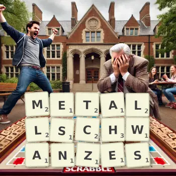 Kreative Illustration für ein Scrabble-Spiel, bei dem das Wort METALLSCHWANZES mit Steinen auf dem Brett gelegt wurde.