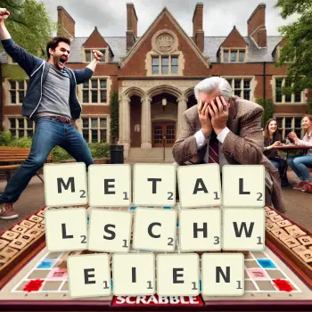 Kreative Illustration für ein Scrabble-Spiel, bei dem das Wort METALLSCHWEIEN mit Steinen auf dem Brett gelegt wurde.