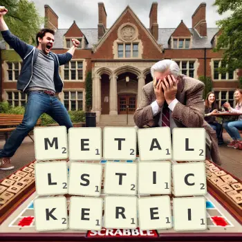 Kreative Illustration für ein Scrabble-Spiel, bei dem das Wort METALLSTICKEREI mit Steinen auf dem Brett gelegt wurde.