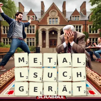 Kreative Illustration für ein Scrabble-Spiel, bei dem das Wort METALLSUCHGERÄT mit Steinen auf dem Brett gelegt wurde.