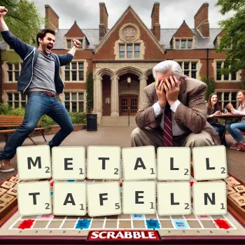 Kreative Illustration für ein Scrabble-Spiel, bei dem das Wort METALLTAFELN mit Steinen auf dem Brett gelegt wurde.