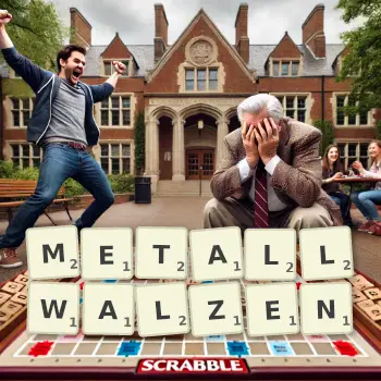 Kreative Illustration für ein Scrabble-Spiel, bei dem das Wort METALLWALZEN mit Steinen auf dem Brett gelegt wurde.