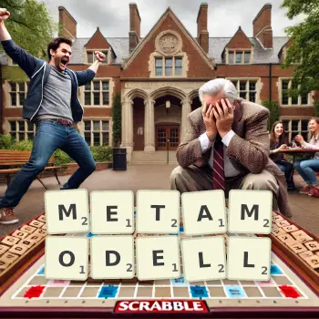 Kreative Illustration für ein Scrabble-Spiel, bei dem das Wort METAMODELL mit Steinen auf dem Brett gelegt wurde.