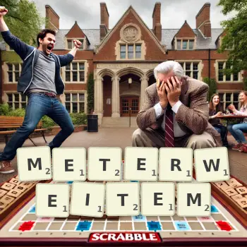 Kreative Illustration für ein Scrabble-Spiel, bei dem das Wort METERWEITEM mit Steinen auf dem Brett gelegt wurde.