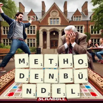Kreative Illustration für ein Scrabble-Spiel, bei dem das Wort METHODENBÜNDEL mit Steinen auf dem Brett gelegt wurde.