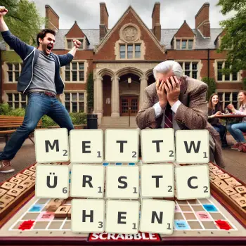 Kreative Illustration für ein Scrabble-Spiel, bei dem das Wort METTWÜRSTCHEN mit Steinen auf dem Brett gelegt wurde.
