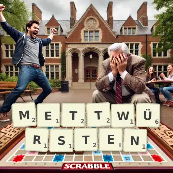 Kreative Illustration für ein Scrabble-Spiel, bei dem das Wort METTWÜRSTEN mit Steinen auf dem Brett gelegt wurde.