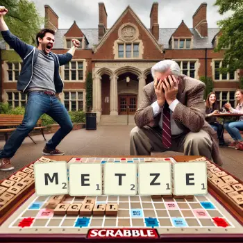 Kreative Illustration für ein Scrabble-Spiel, bei dem das Wort METZE mit Steinen auf dem Brett gelegt wurde.
